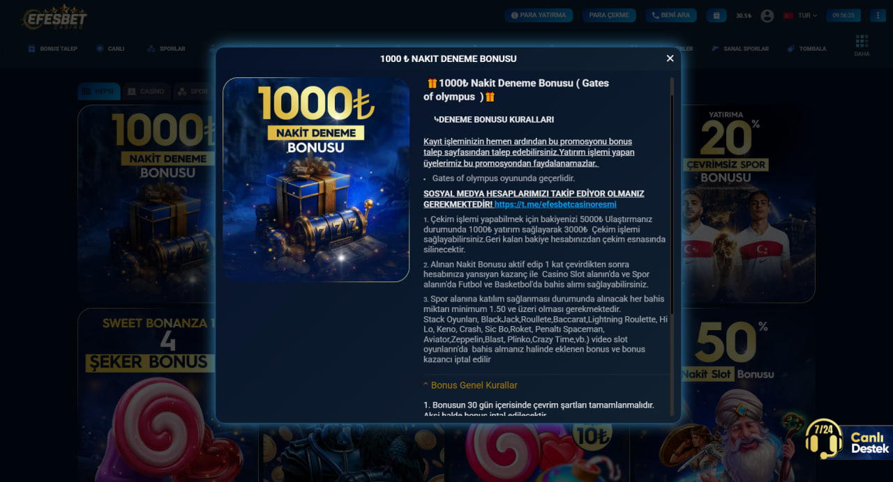 efesbet 1000 TL nakit deneme bonusu